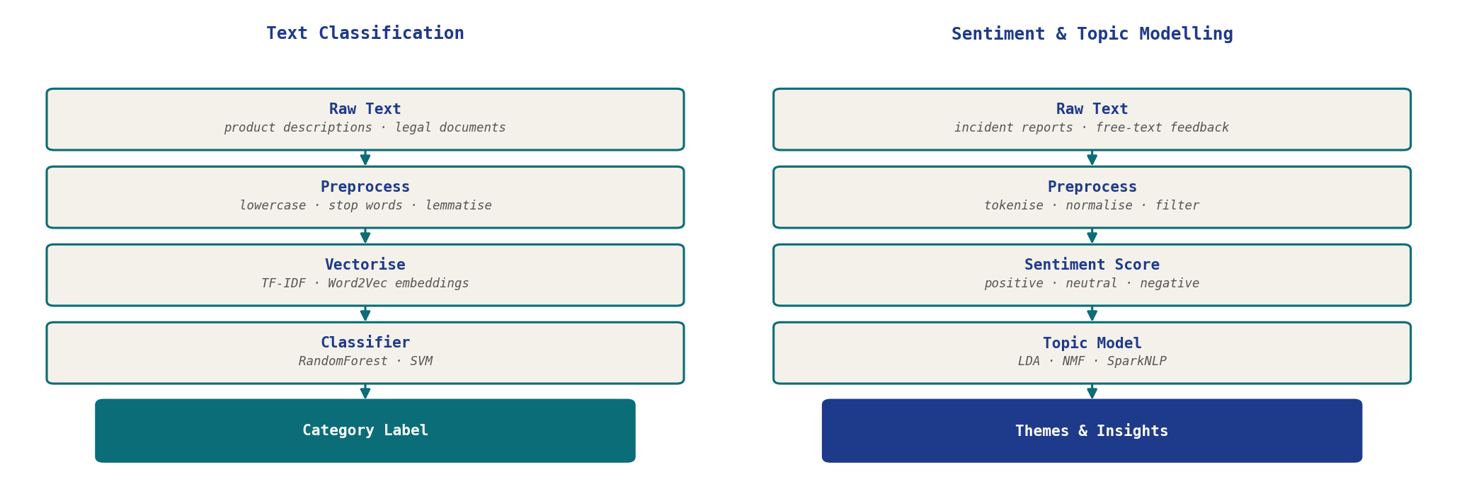 Two-panel NLP pipeline schematic: text classification (Raw Text → Preprocess → Vectorise → Classifier → Category Label) and sentiment and topic modelling (Raw Text → Preprocess → Sentiment Score → Topic Model → Themes and Insights)