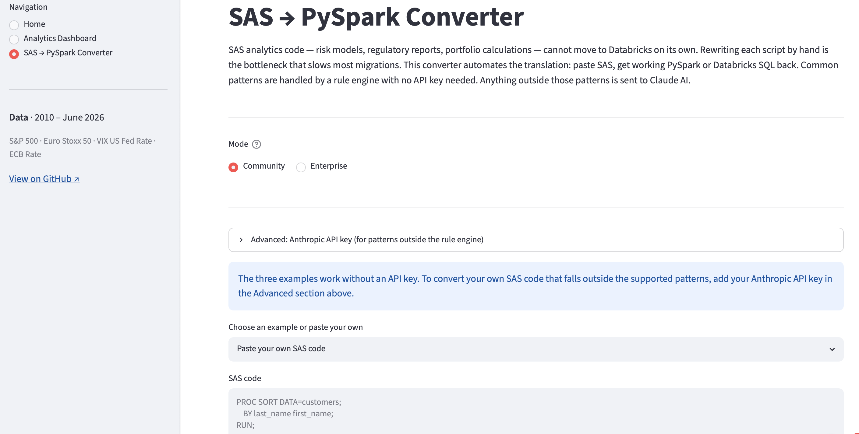 SAS to PySpark Converter page with a PROC SORT example loaded and pyspark selected as the target format
