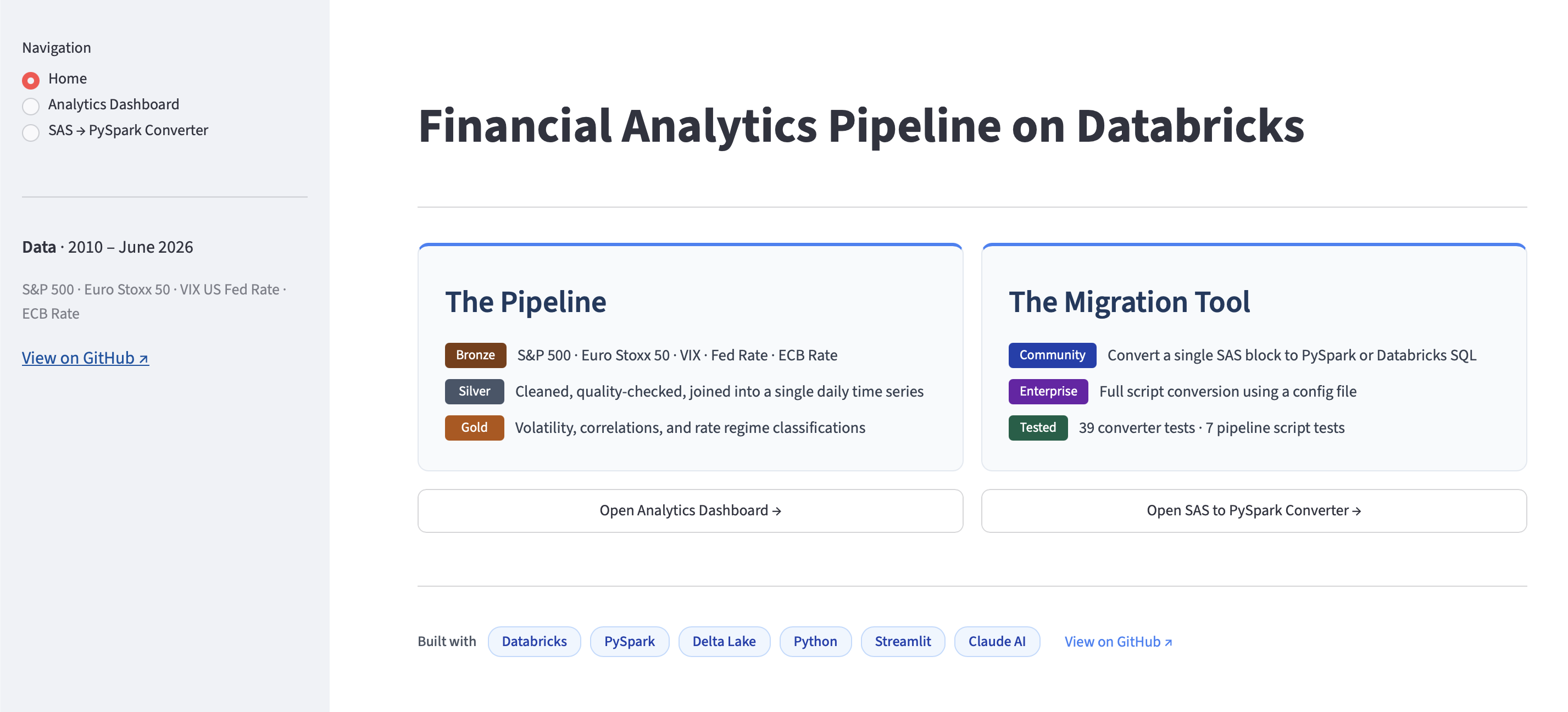 Dashboard home page showing two sections: The Pipeline and The Migration Tool